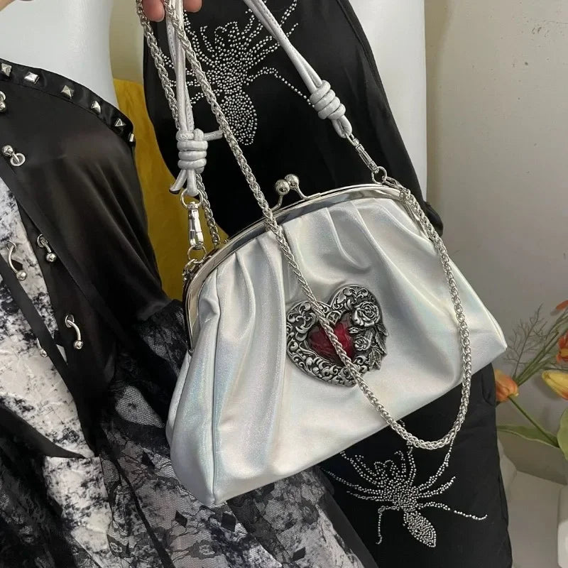 Ingvn  Vintage Y2k Womens Handbag Silver Gothic Fashion Chains Casual Shoulder Bag Pu Leather Pleated Original Female Shell Bag