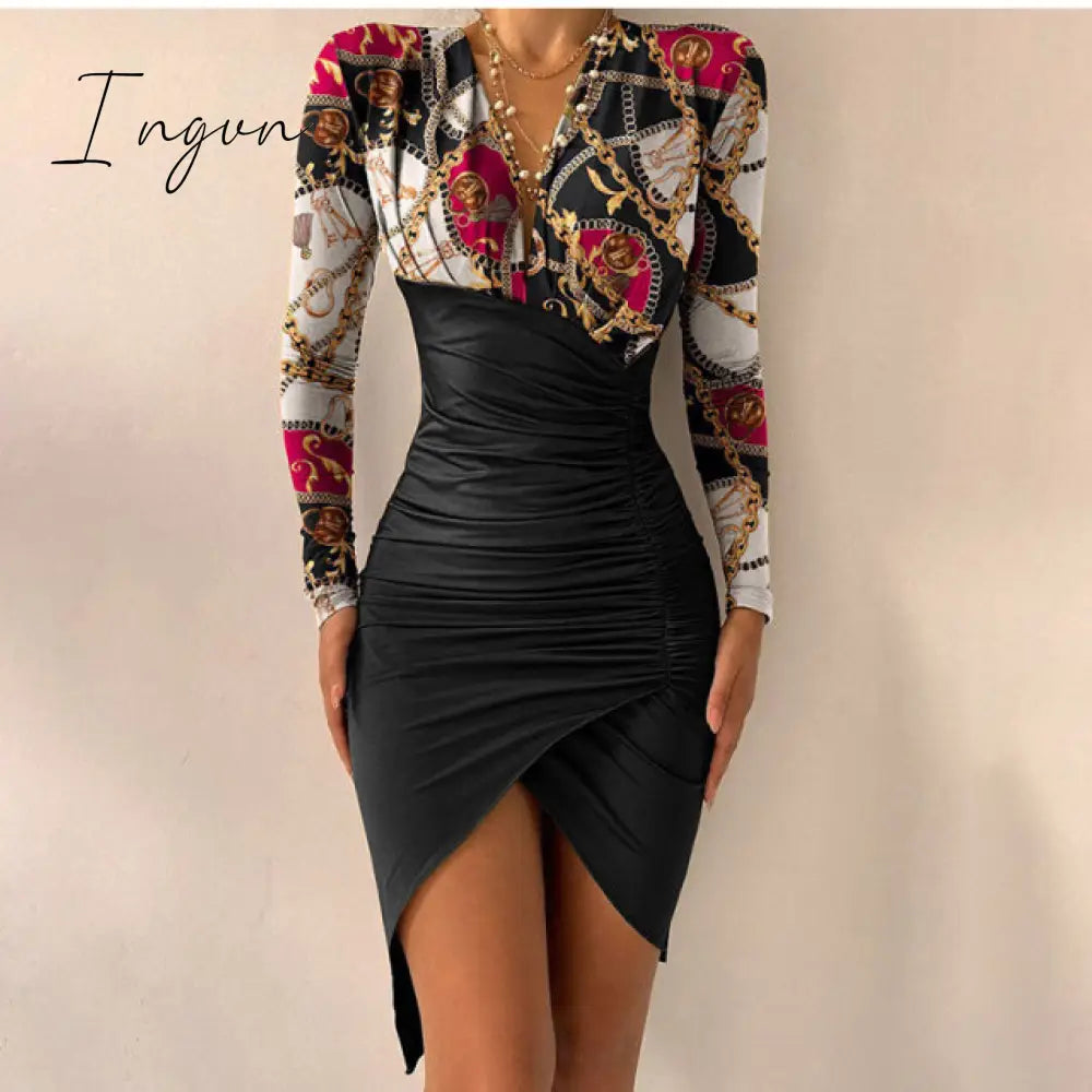 Ingvn - Women's Spring Sexy Package Hips Long-sleeve V-neck Printed Slit Dress Clothing Summer Black Bodycon Dresses For Women Party
