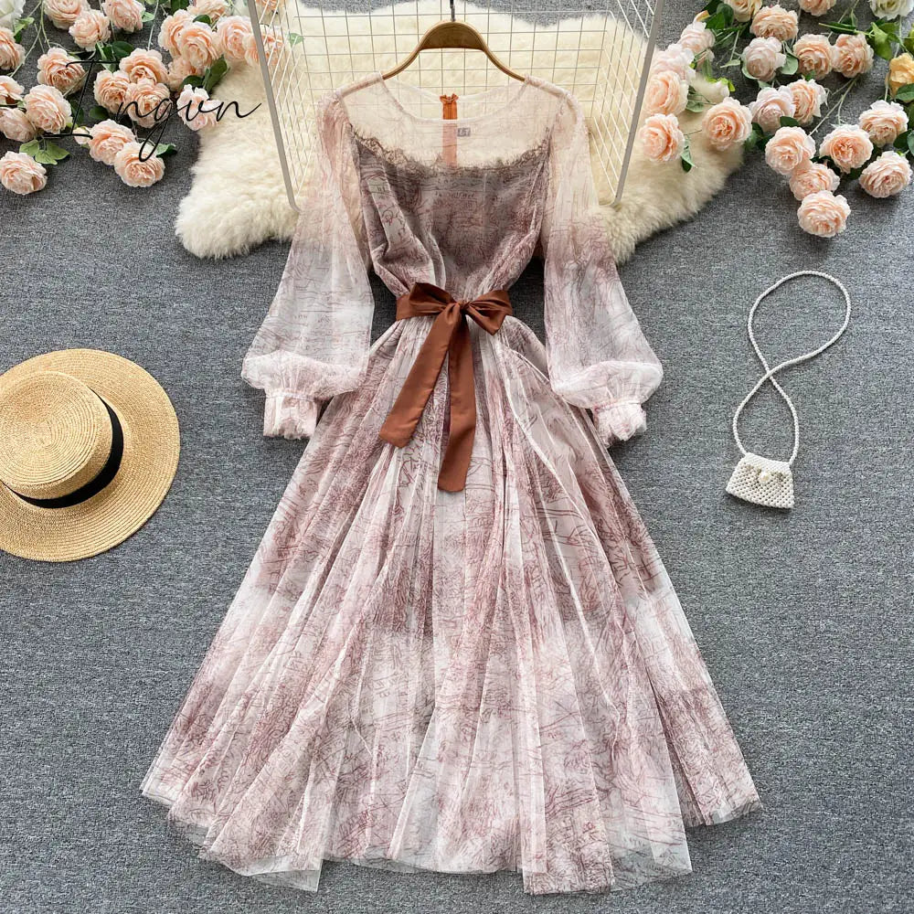 Ingvn - Elegant Women Mesh Dress Vintage Lantern Sleeves Printed Party Dresses Spring Summer Patchwork A Line Bandage Beach Dress