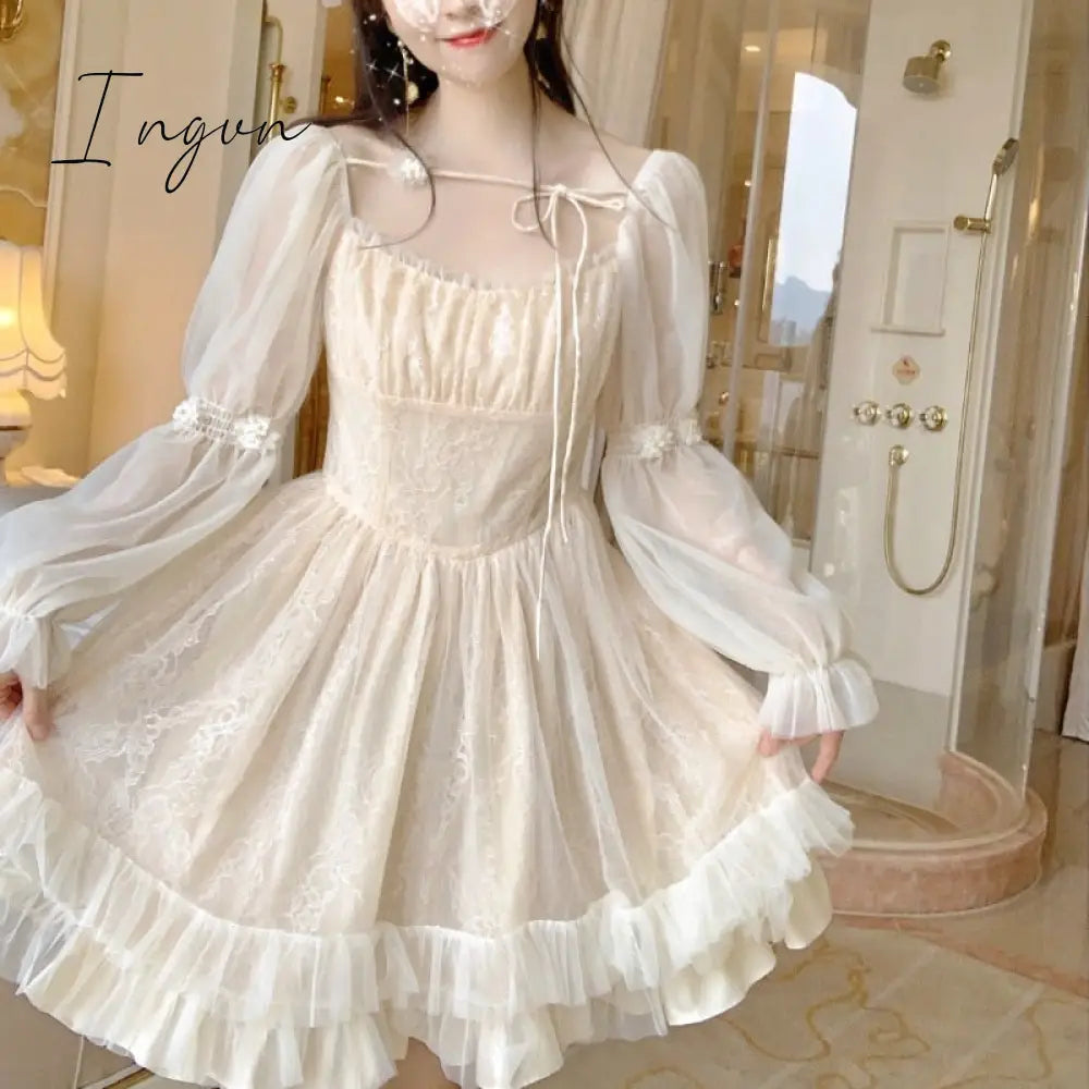 Ingvn - Lolita Kawaii Dress Women Casual Long Sleeve Vintage Y2k Mini Dress Female Japanese Style One Piece Dress Korean Autumn