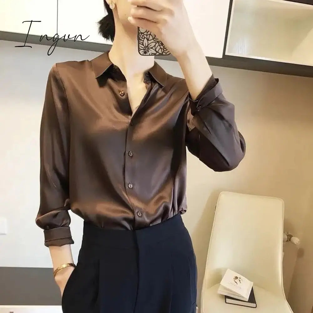 Ingvn - Brand Quality Luxury Women Shirt Elegant Office Button Up Long Sleeve Shirts Momi Silk Crepe Satin Blouses for Women Fashion Business Ladies Top
