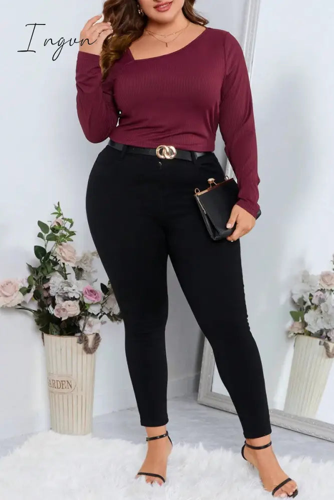 Ingvn - Casual Solid Basic Oblique Collar Plus Size Tops
