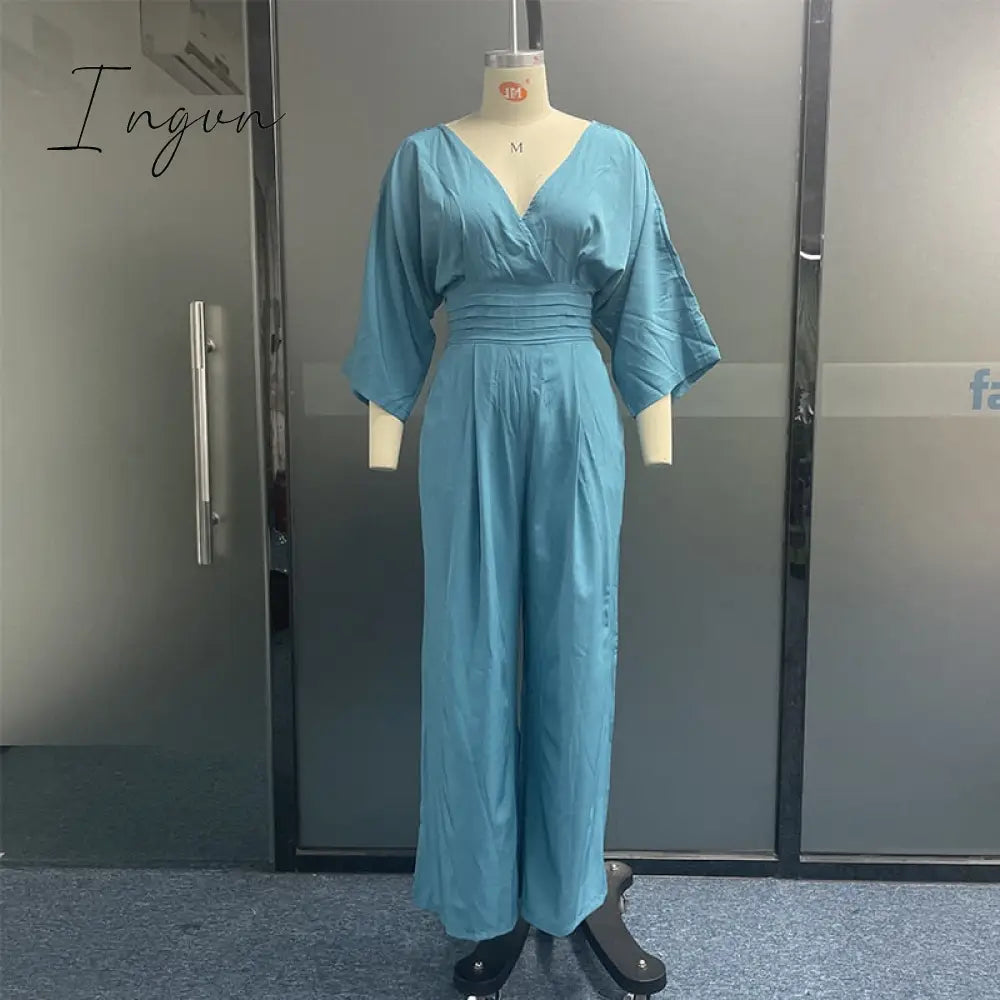 Ingvn - Women Jumpsuit Summer Short Bat Sleeve V Neck Backless Nipped Waist Loose Wide Legs Casual Pants Romper High Streetwear