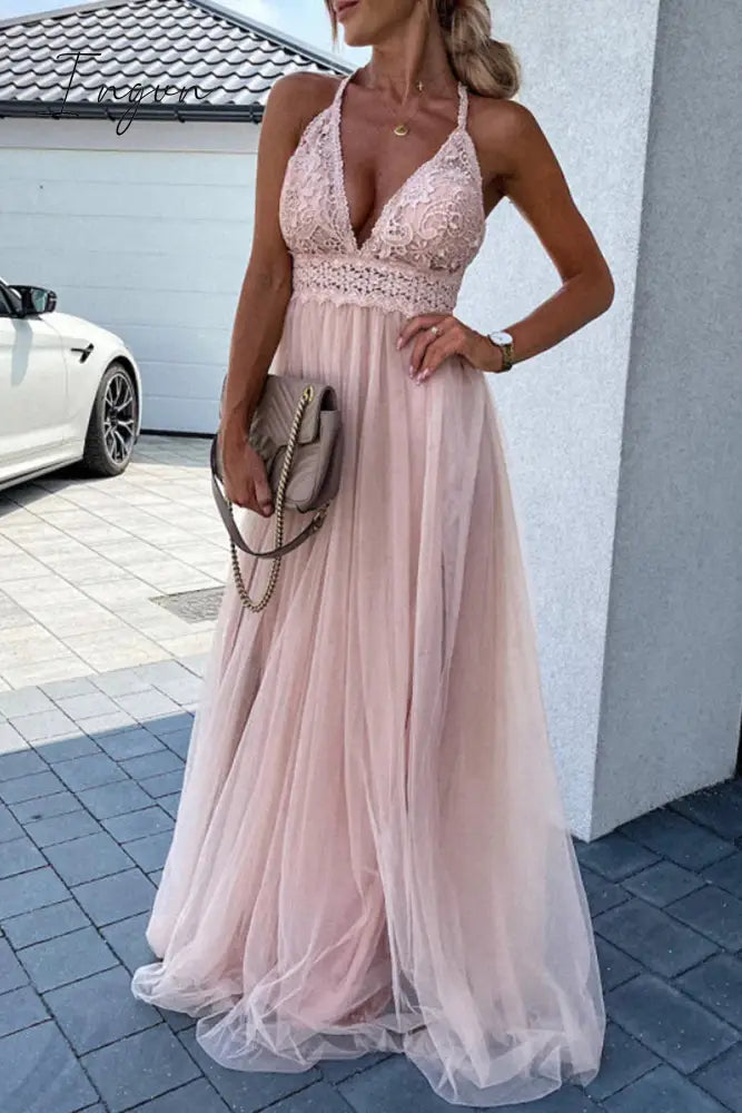Ingvn- Sexy Solid Lace Mesh V Neck Evening Dress Dresses