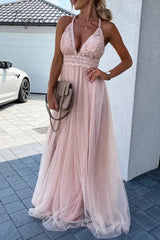 Ingvn- Sexy Solid Lace Mesh V Neck Evening Dress Dresses