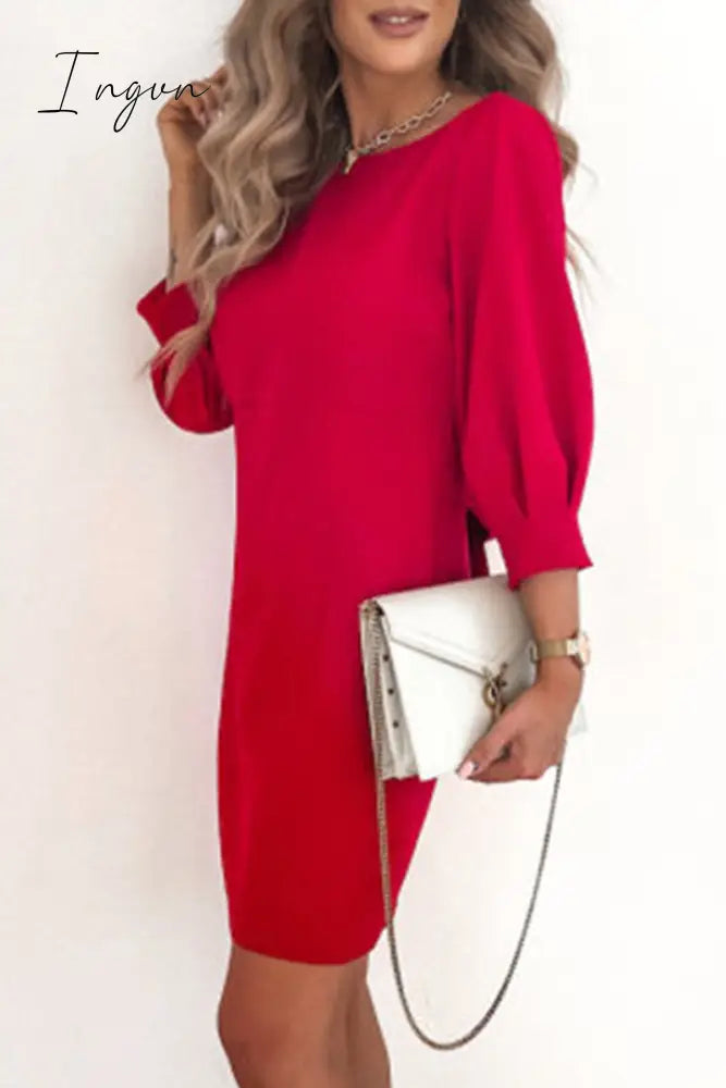 Ingvn - Elegant Solid With Bow Zipper O Neck Pencil Skirt Dresses