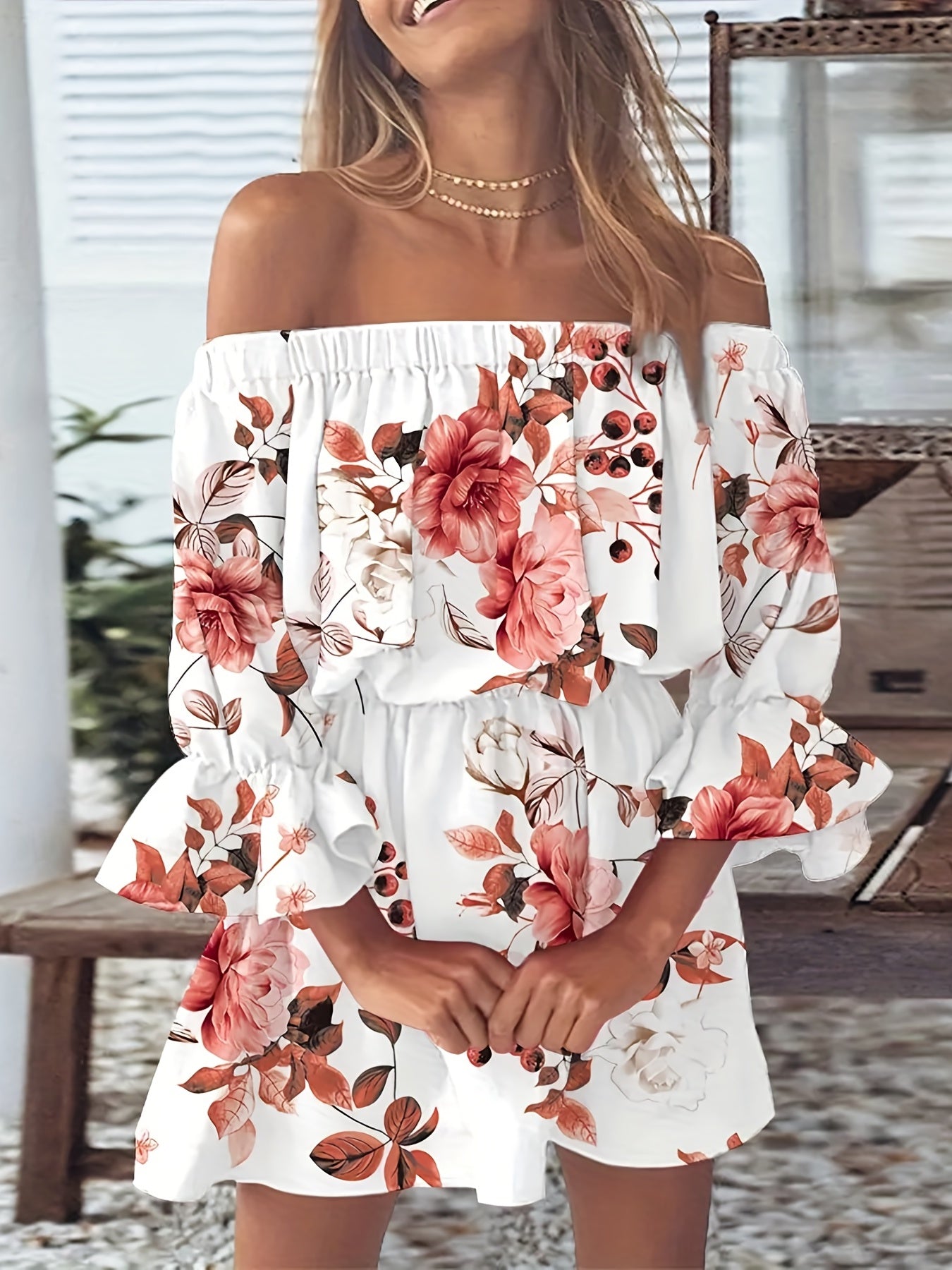 Elegant Summer Boho Dress - Off-Shoulder Leaf Print with Sexy Backless Cut & Playful Ruffles, Durable & Comfort Fit