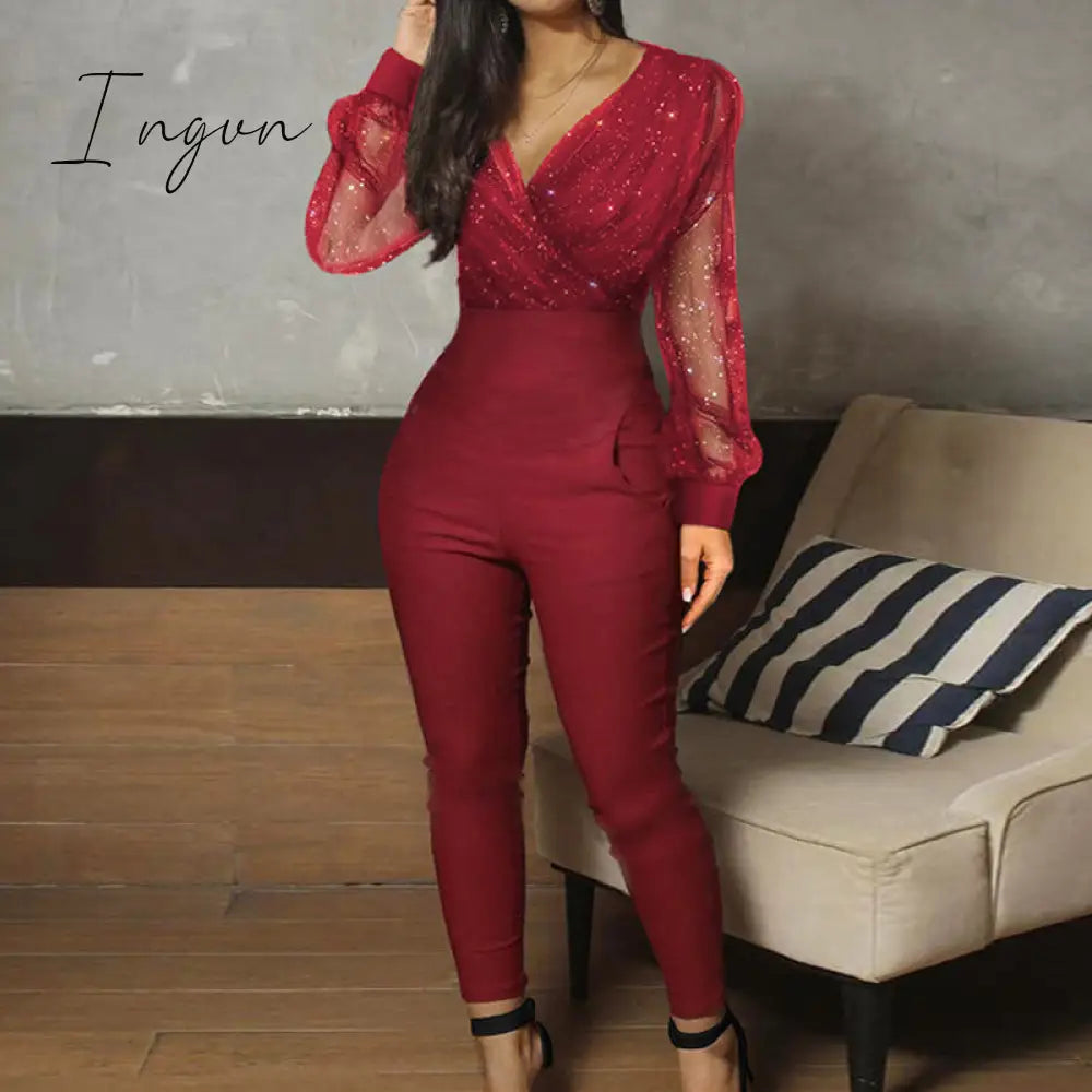 Ingvn - Rompers Womens Jumpsuit Black Elegant Sequins Mesh Glitter Party Night Sexy Spring Long Pants One Piece Clothes Overalls