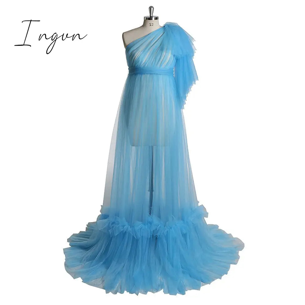 Ingvn - Elegant One Shoulder Tulle Maternity Dresses See Through Sexy Women Plus Size Tulle Maternity Dressing Gowns For Photography