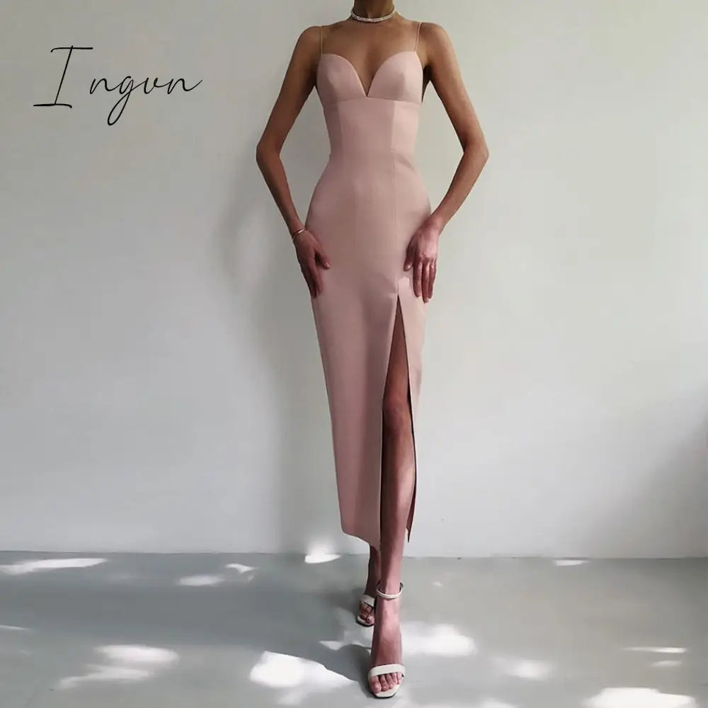Ingvn - New Summer Women White Bodycon Bandage Dress Sexy V Neck Spaghetti Strap Club Celebrity Evening Runway Party Maxi Dresses