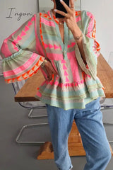 Ingvn - Casual Color Block Contrast V Neck Tops