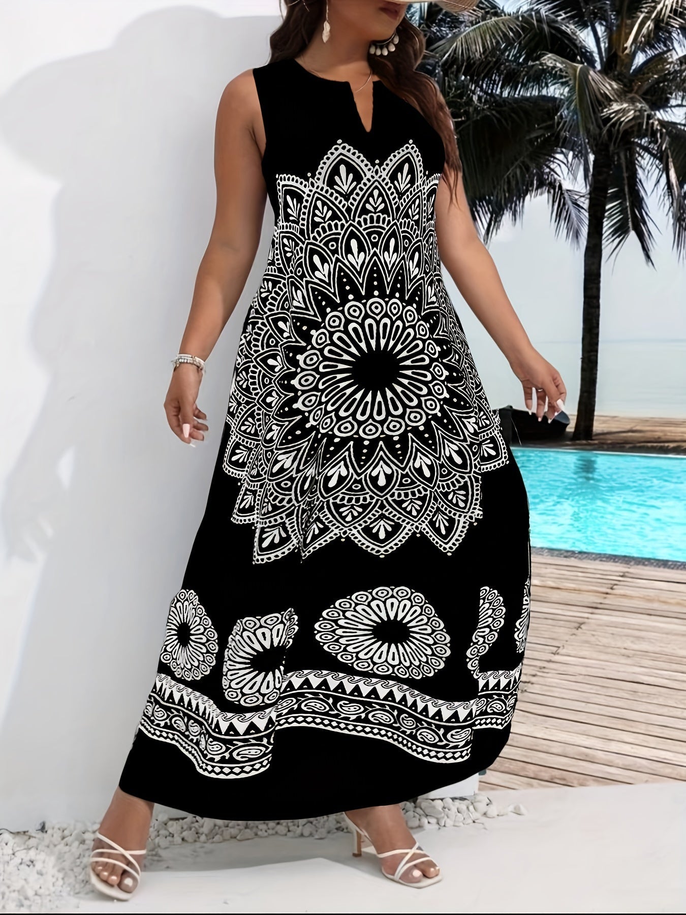 Flawless Mandala Floral Maxi Dress - Chic Notched Neck, Sleeveless Elegance - Fashionable Womens Clothing with Timeless Aesthetics