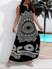 Flawless Mandala Floral Maxi Dress - Chic Notched Neck, Sleeveless Elegance - Fashionable Womens Clothing with Timeless Aesthetics