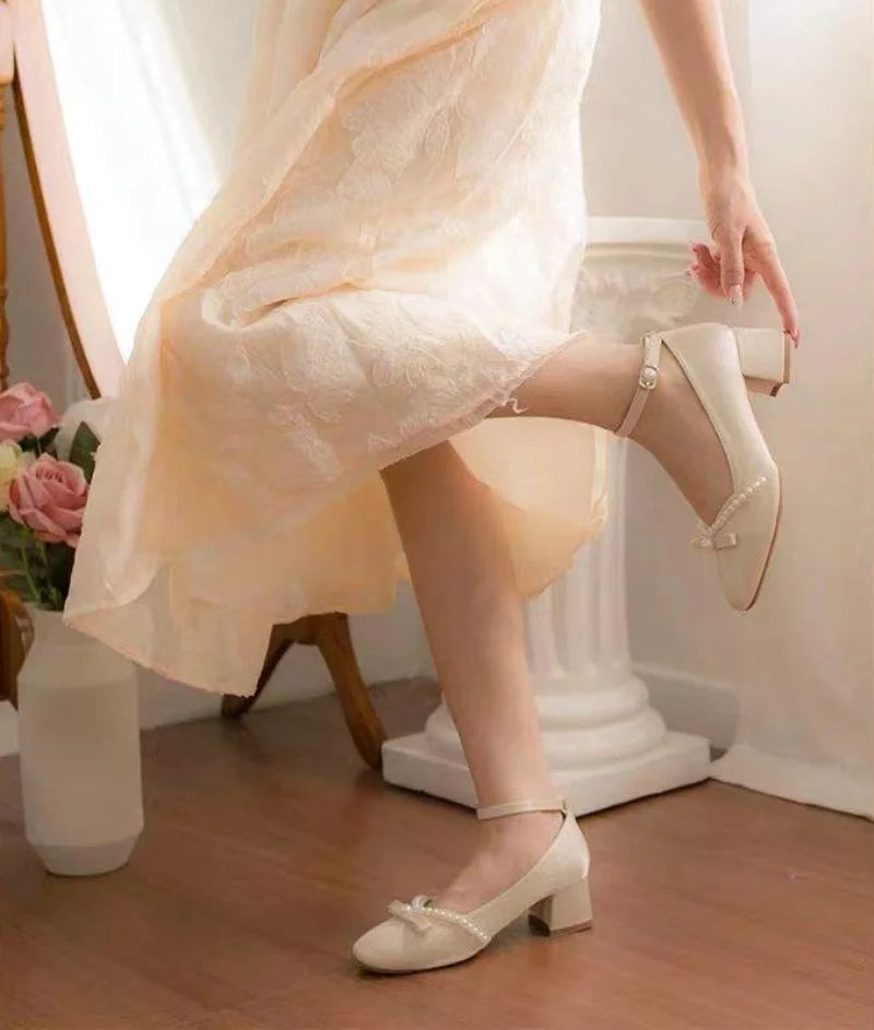 Ingvn  Ladies Summer Footwear with Bow Shoes for Women  Japanese Style Lolita Mary Jane Square Toe Gothic Pearl Medium Heels 39 A E