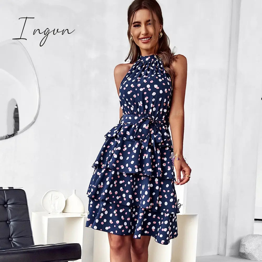 Ingvn - Ladies Sexy Sleeveless Porka Dot Print Boho Summer Dress Women Bohemian Party Beach Mini Dress Women Sundress Vestidos Female