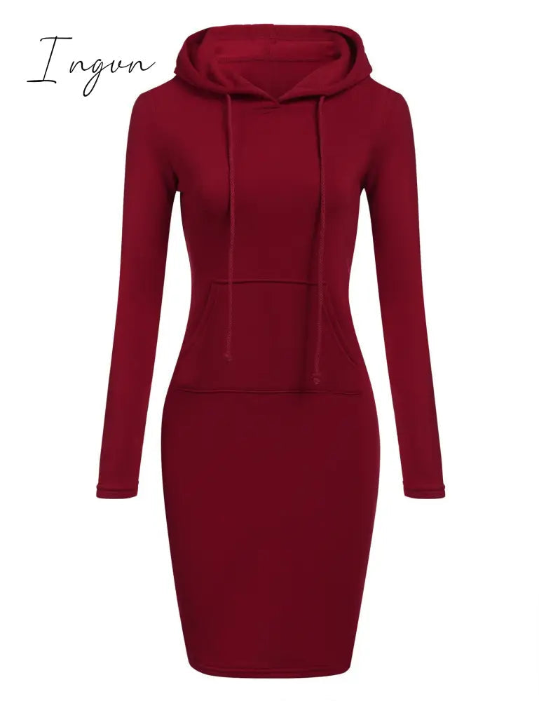 Ingvn - Autumn And Winter Hoodie Dress Elegant Long Sleeve Pocket Combining Casual Women's Midi Dresses