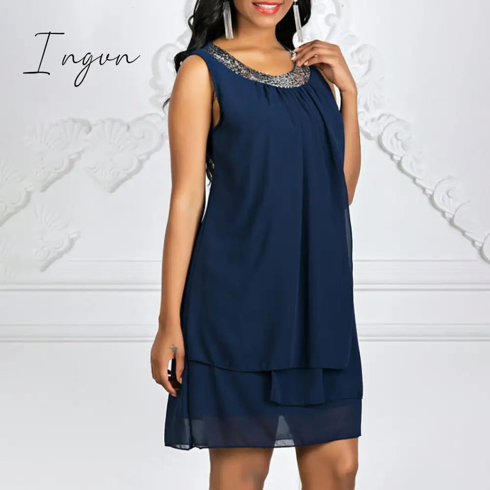 Ingvn - Women's Shift Dress Knee Length Dress Sleeveless Solid Color Layered Spring & Summer Plus Size Hot Black Purple Navy Blue