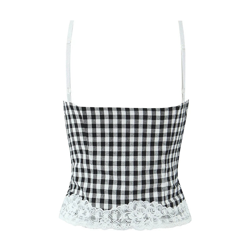 High Street Women Lace Patchwork Plaid Camis Sexy Sleeveless Slim Fit Crop Top Summer Chic Lady Party Tops
