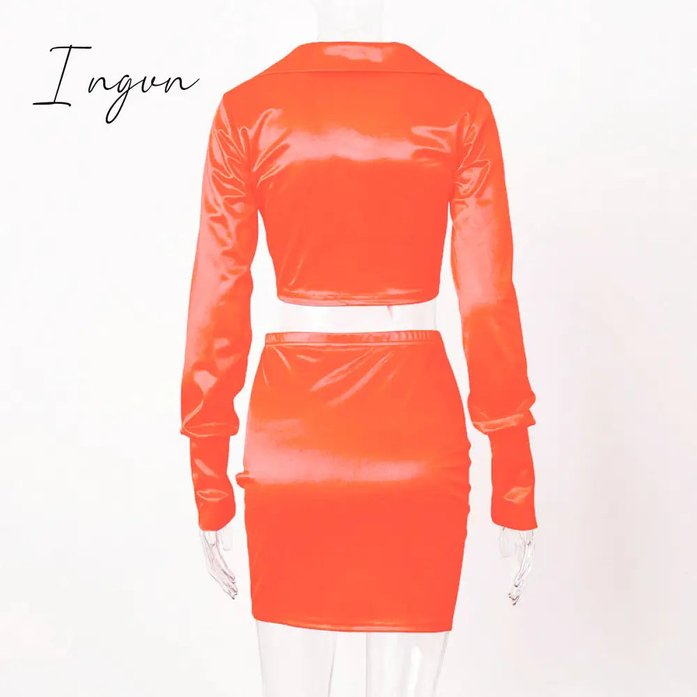 Ingvn - Women Silky Satin 2 Two Piece Set Lace Up Long Sleeve Crop Top Skirt Autumn Winter Clothes Fashion Sexy Outfits