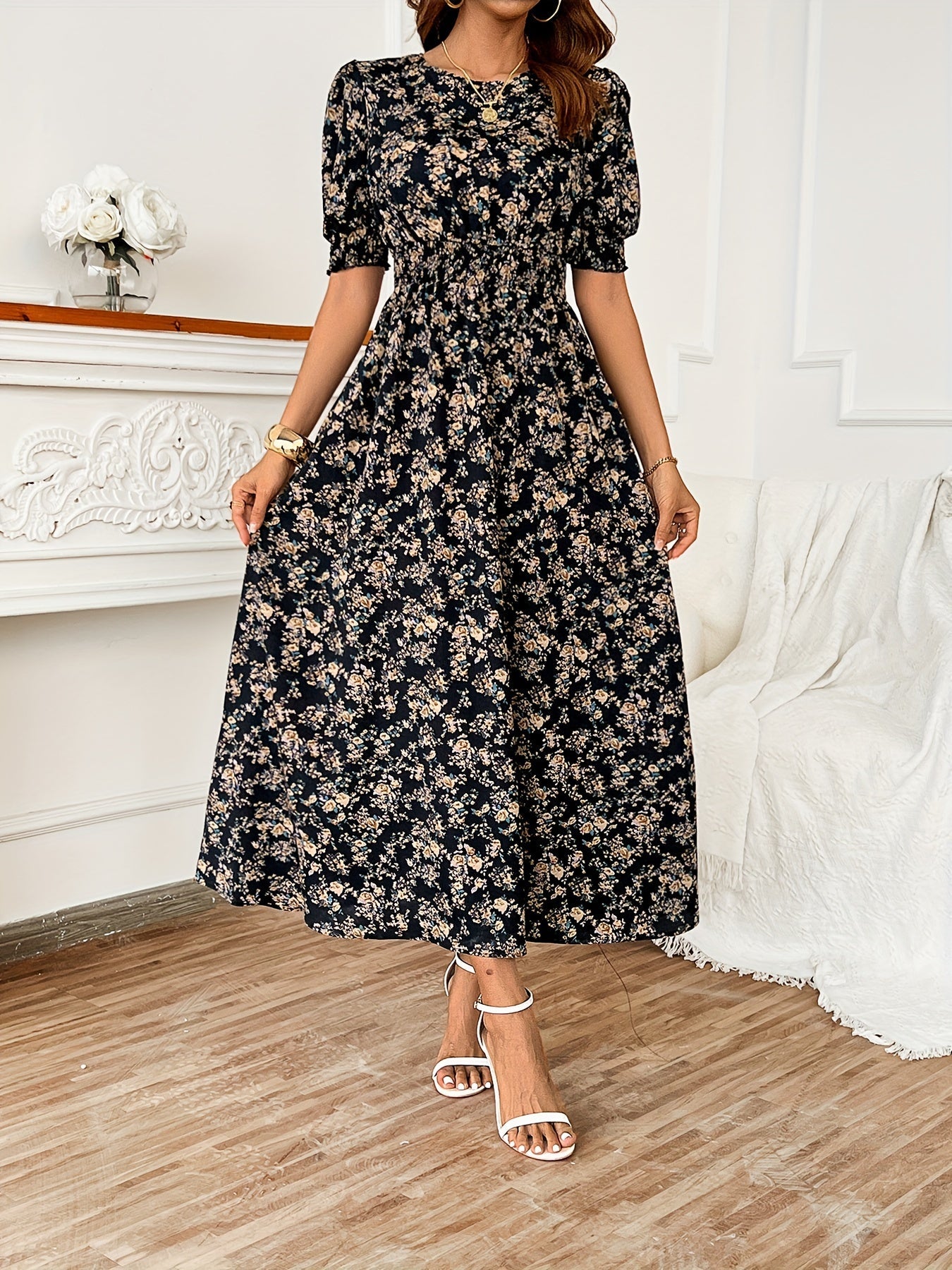 Blossoming floral print dress - Romantic Puff Sleeves & Shirred Bodice - Perfect for Spring/Summer - Flattering Crew Neck - Stylish Womens Casual Wear