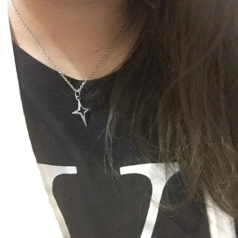 INGVN  Kpop Goth Silver Color Star Pendant Chain Necklace For Women Men Egirl Y2K Cool EMO Punk Aesthetic Grunge Jewelry Gifts
