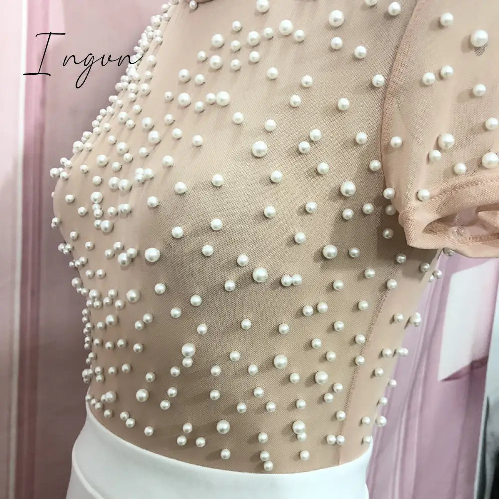 Ingvn - Women Sexy Dress Transparent Tulle with Bead Tops Patchwork Slit Party Dresses Short Sleeves Female Summer Night Date Out
