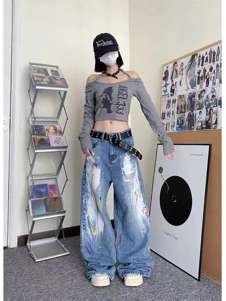 Ingvn  Women's Personalized Graffiti Tie Dye Design Jeans Young Girl Denim Trousers Vintage Street Bottoms Female High Waisted Pants