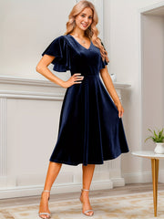 Velvet Plain Color V-neck Dress, Elegant Ruffle Sleeve A-line Midi Dress For Wedding Guests, Women's Clothing