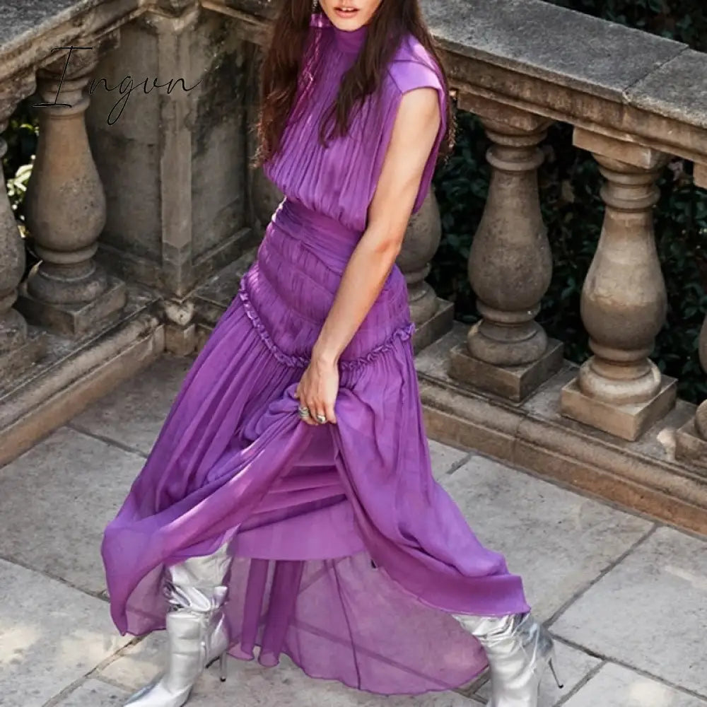 Ingvn - 2023 Summer Women Chiffon Midi Dress Party Stand Collar Sleeveless Pleated Waist Elegant Lady Ruched Floral Long Dress Ruffle
