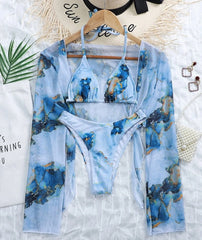 New Sexy Marble Print Push Up bikini Women Swimsuit Female Swimwear 3-piece Bikini set V-Bar Wired Short Skirt Bathing suit Swim