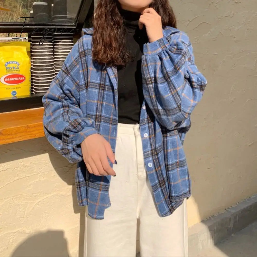 Ingvn - Women Blouses Turn-down Collar Spring Shirts Plaid All-match BF Batwing-sleeve Loose Outwear Harajuku Female 4 Colors Chic New