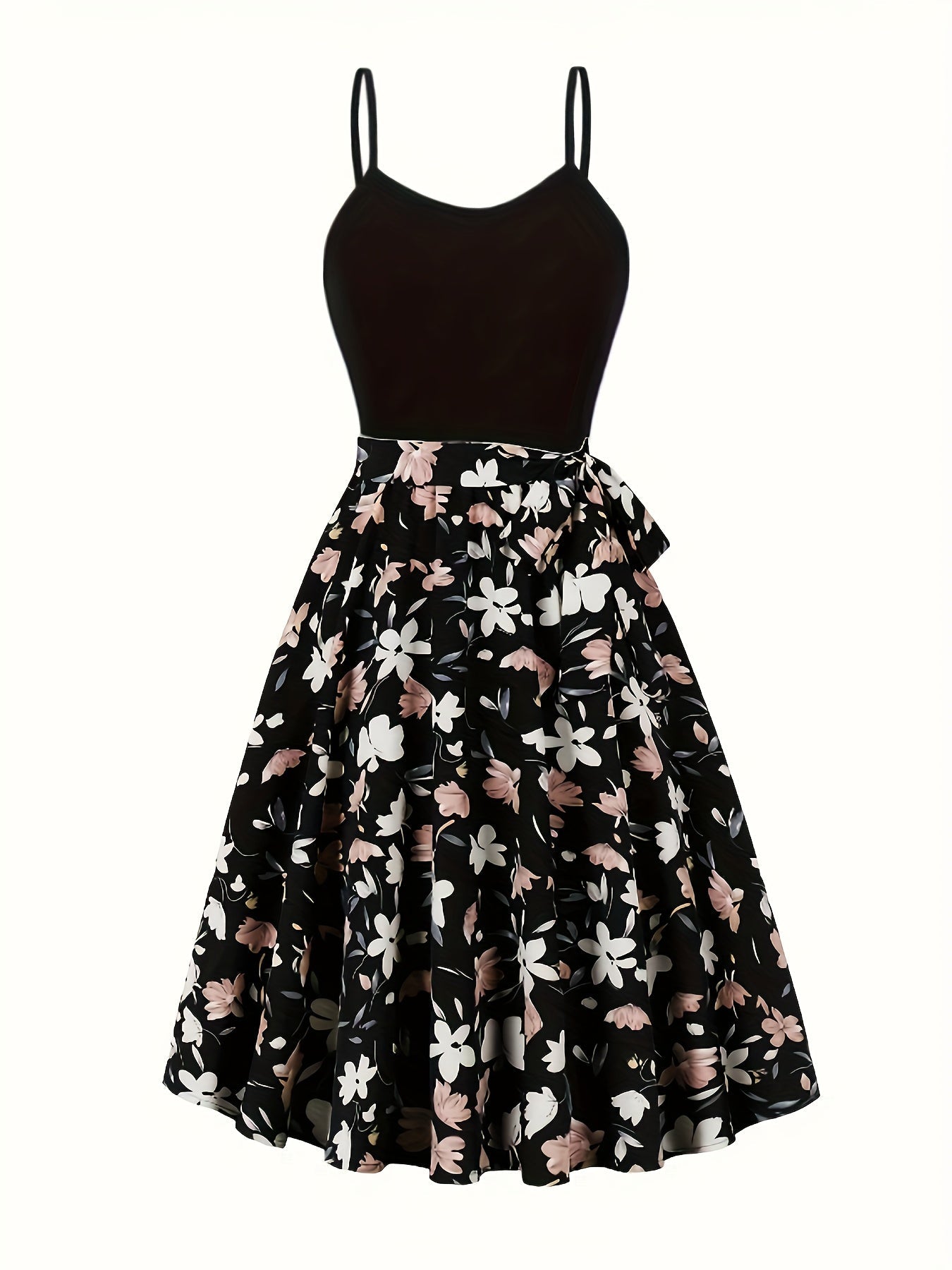 Seasonal Radiance, Elegant Floral Print Dress Set with Open Front Long Sleeve Cardigan & Tie-Waist Spaghetti Suspender Dress - Machine Washable, Polyester - Perfect for Spring/Fall