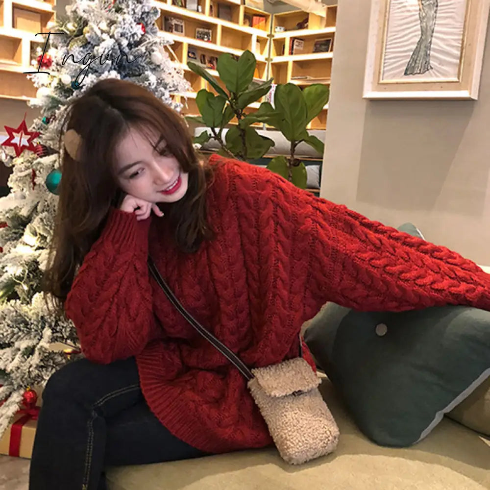 Ingvn - Korean Style 2023 New Autumn and Winter Outer Wear Underwear Fashion Knitwear Women's Mori Style Loose Red Cable-Knit Sweater