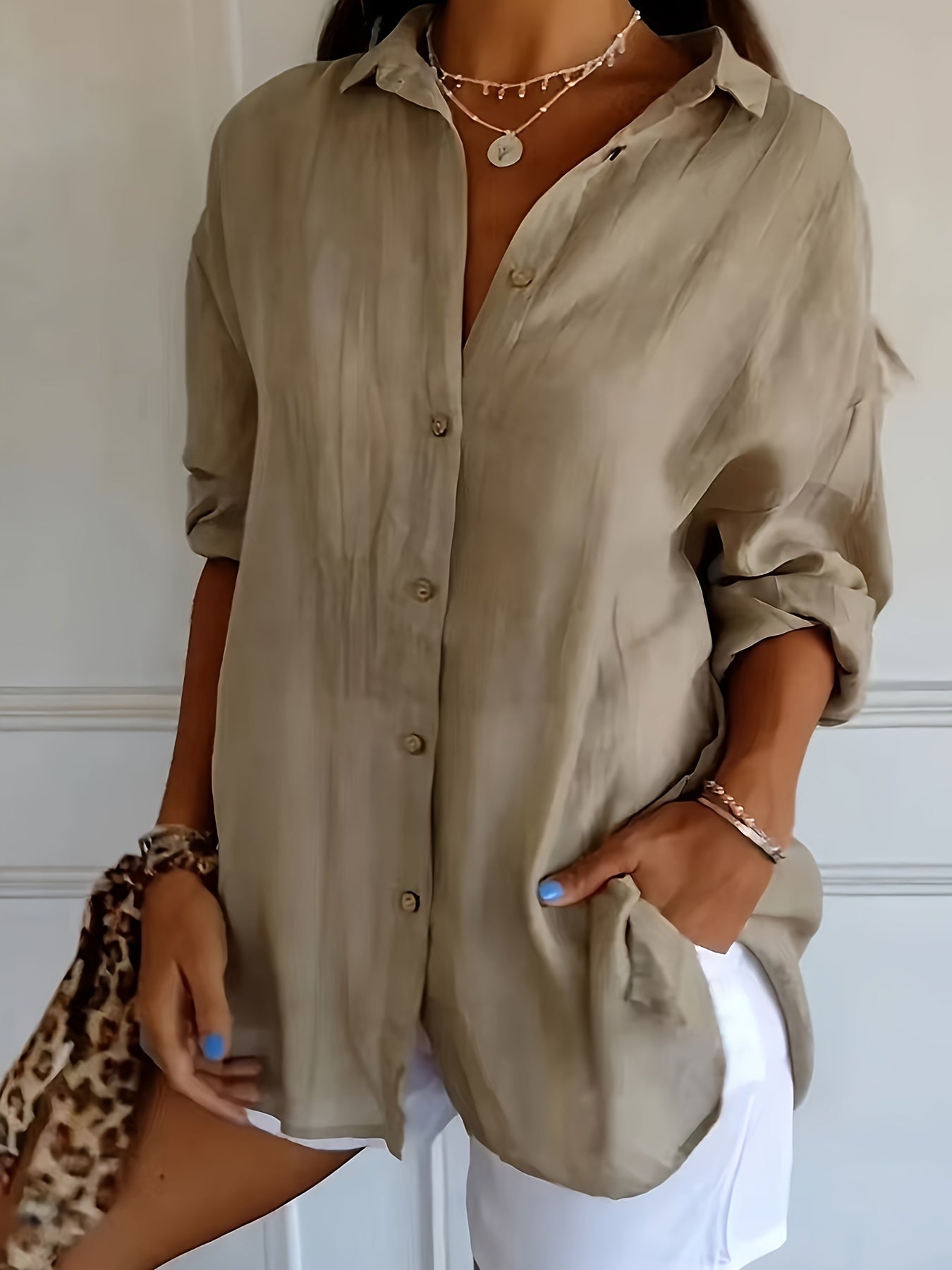 Women's Casual Solid Color Button Up Shirt - Long Sleeve, Loose Collared, Perfect for Spring and Fall, Relaxed Fit, Easy to Wear, Versatile and Timeless