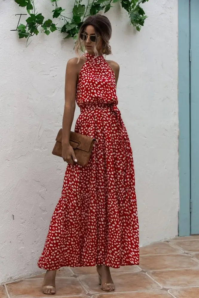 Ingvn - Summer Elegant  beach Women Dress long Print Flowers Polka-dot strap Ladies Halter boho Dress Vintage party ladies Dress