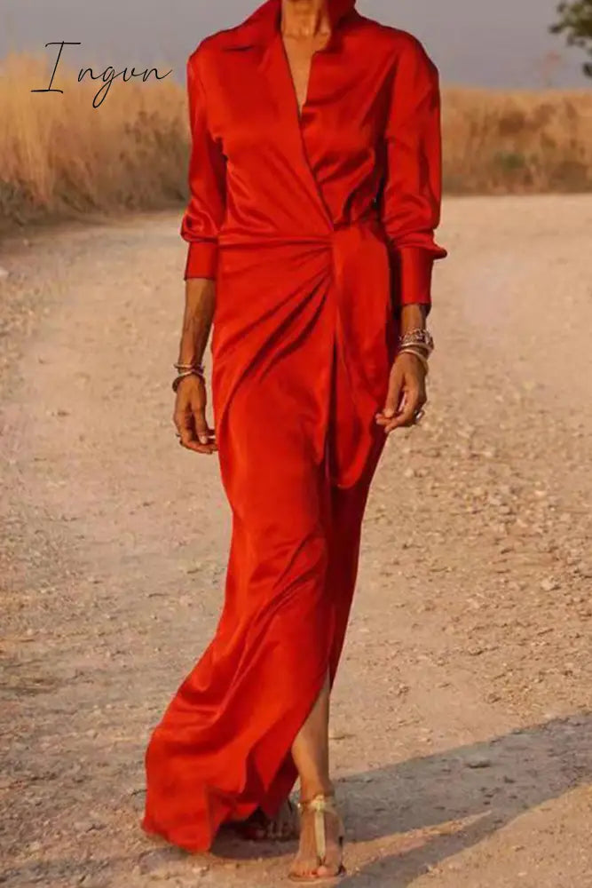 Ingvn - Casual Solid Bandage Patchwork Turndown Collar Shirt Dress Dresses