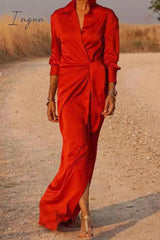 Ingvn - Casual Solid Bandage Patchwork Turndown Collar Shirt Dress Dresses