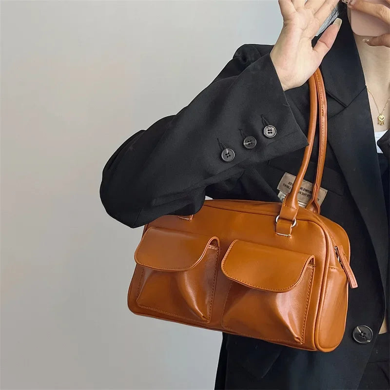INGVN  Vintage Women Business Shoulder Bags Simple Ladies Commute Tote Bag Pu Leather Female Underarm Bag Burgundy Large Handbags Purse