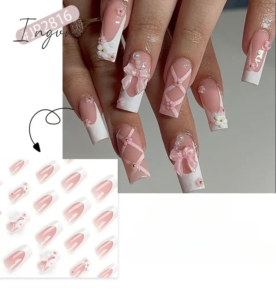 24pcs Artifical Bails With Glue Fake Nail Tips With Design Detachable Press On Nails Long Fake Nail Finished Nail Piece Sticker