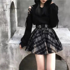 Ingvn - Gothic Lolita skirt female S-XL multi-size autumn and winter high waist lace-up short check wool skirt mini ballet skirt