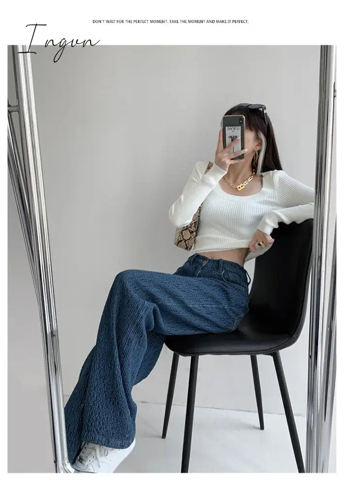 Ingvn - Women Jeans High Waist Casual Streetwear y2k Baggy Office Lady New Fashion Korean Denim Trousers Female Straight Wide Leg Pants