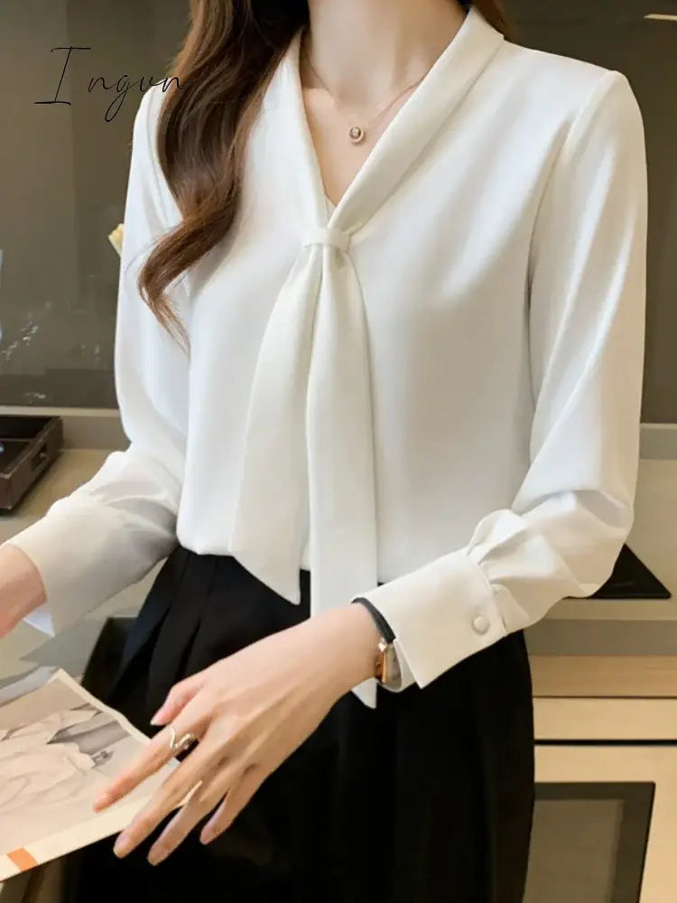 Spring Fashion New Elegant Bow Women Shirt Vintage White Lady Long Sleeves Blouses Female Casual Streetwear Tops Clothes