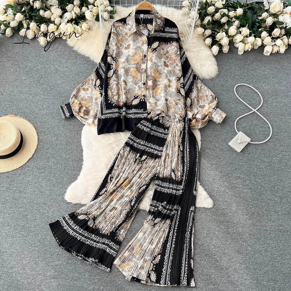 Ingvn - Women's Dress Spring Retro Print Casual Set Design Batwing Sleeve Single Breasted Blouse+High Waist Long Pants Two Piece Suits