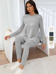 Casual Ribbed Knit Two-piece Set, Split Hem Long Sleeve Top & Slim Pants Outfits, Women's Clothing