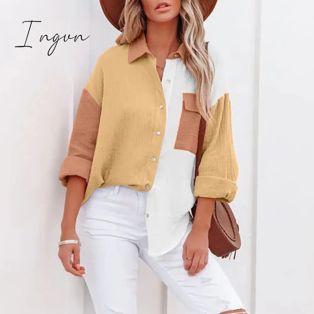 Ingvn - New Spring Summer Fashion Women New Patchwork Shirt Elegant Commute Contrast Lapel Buttons Cardigan Streetwear Ladies Casual Blouses