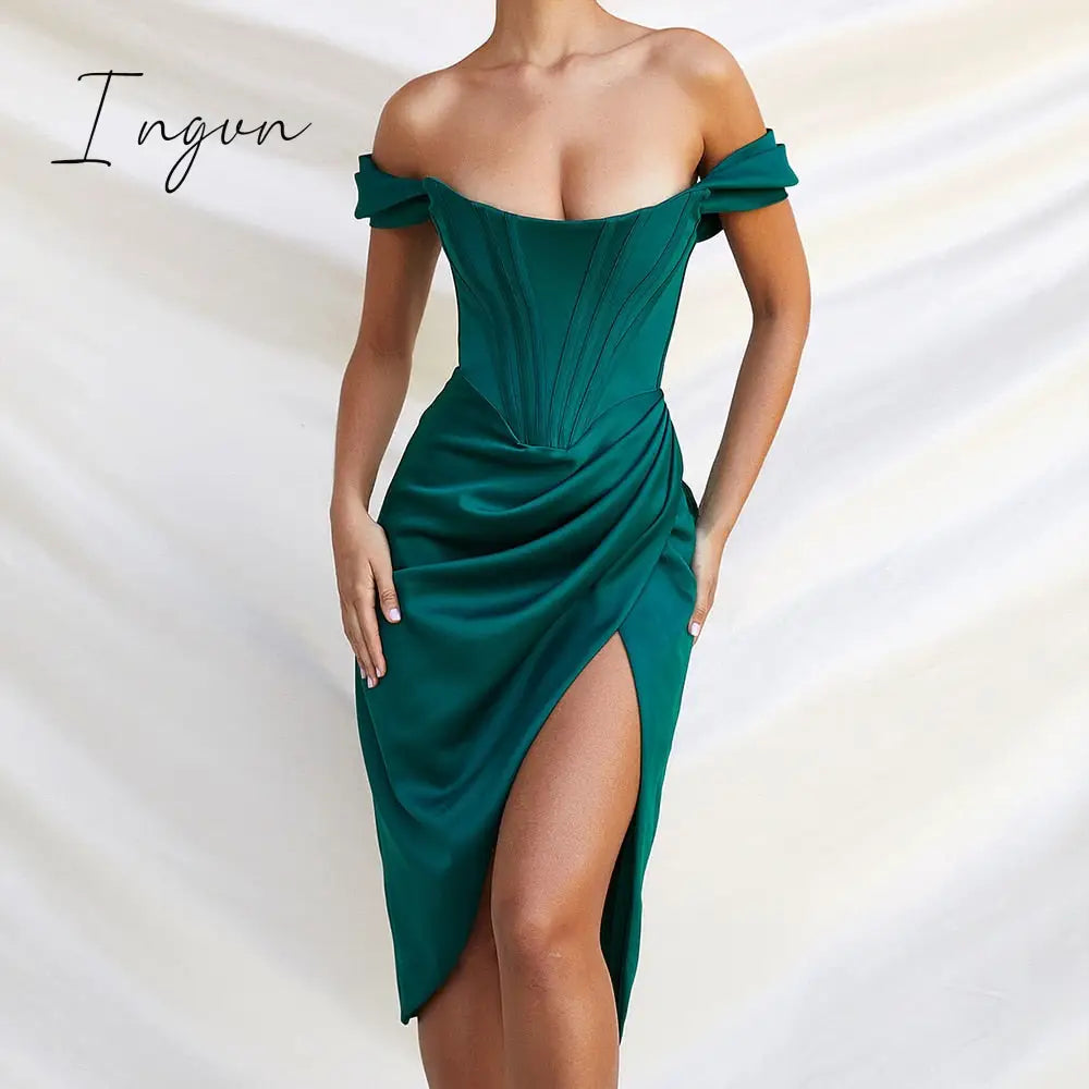Ingvn - Off Shoulder Sexy Strapless Split Corset Satin Dresses Fashion Bodycon Dress Women Party Night Club Elegant