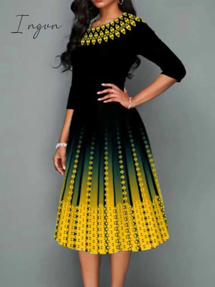 Ingvn - Women's Work Dress Swing Dress Church Dress Midi Dress Red Royal Blue Blue 3/4 Length Sleeve Print Print Summer Spring Crew Neck Elegant 2023 S M L XL XXL 3XL 4XL 5XL