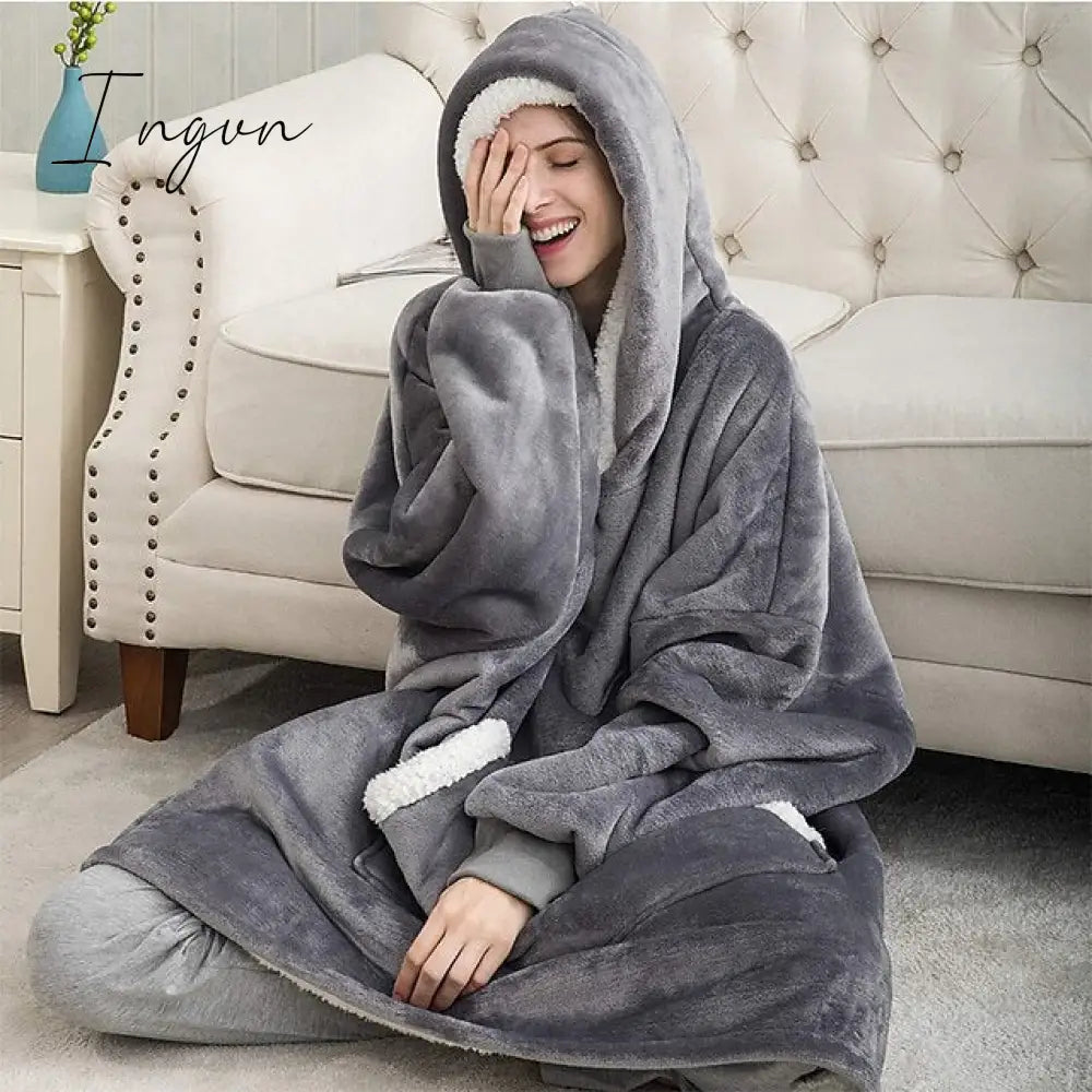 Ingvn - Women‘s Couple‘s Pajamas Nightgown Hoodie Blanket Wearable Blanket Christmas Grid / Plaid Pure Color Plush Simple Comfort Home Party Fleece Warm Gift Patchwork Pocket Fall Winter Black Gray