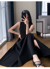 Ingvn - 2023 Summer Black Sleeveless A-line Vest Dress Women Streetwear Sweet Sexy Long Dresses Woman Party Club Dress Fashion Vestido