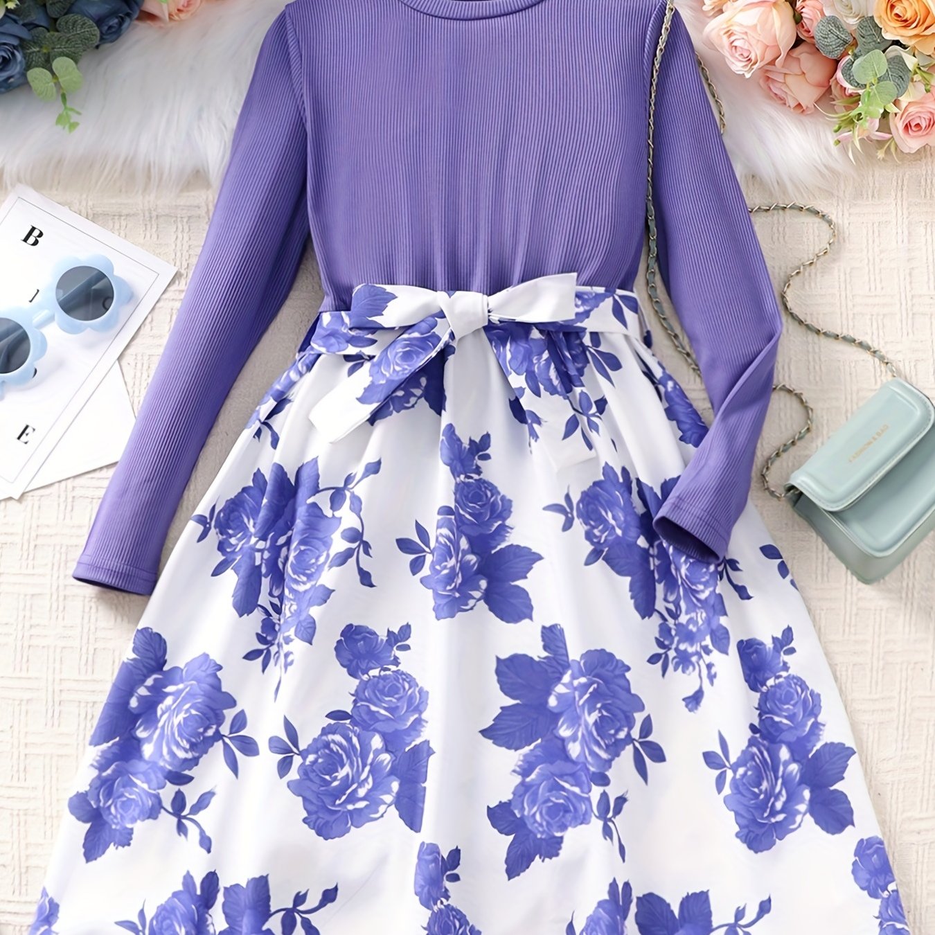 Adorable Floral Belted Dress for Girls - Long Sleeves, Round Neck, Splicing Design, Party-Perfect, Spring Collection, Kids' Clothing